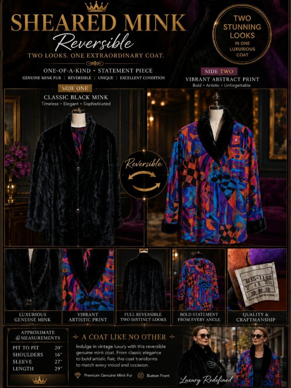 Rare Reversible Genuine Shared Mink Coat – Black Mink & Abstract Art Print – M/L